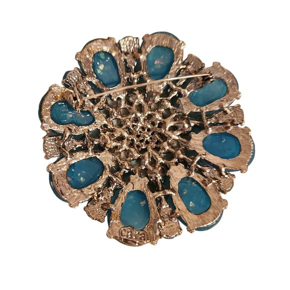 Vintage Large Circular 3" x 3" Blue Iridescent Crystal Silver Flower Pin Brooch - Picture 3 of 3